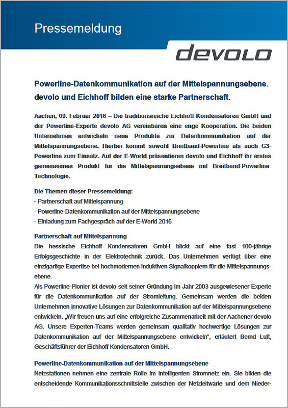 Pressemitteilung über Kooperation von devolo und Eichhoff